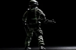 toy soldier military operation apocolypse looking away from camera to right corner black floor black blackground