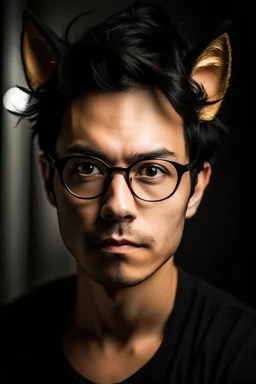 A handsome adult man with messy black hair and black cat ears, golden eyes, glasses.