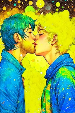 portrait anime man kissing man, ,yellow, stars hearts water, blue, watercolor, Yoshikata Amano, Edwin Landseer, Ismail Inceoglu, Russ Mills, Victo Ngai, Bella Kotak, hyperdetailed 8K resolution HDR DSLR, ultra detailed, ultra quality, CGSociety, intricately detailed, color depth, gliter, kiss