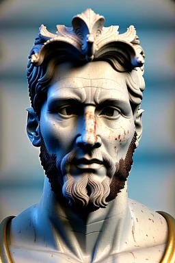 Ultra Realistic image, classical renaissance sculpture, white marble material, Lionel Messi, emperor style, gold Laurel leaves crown, miguel angel style, chisel style, emperor, waist up portrait, epic, celestial, cinematic lighting, God light, god rays, 4k resolution, smooth details, ornate details, soft lighting, unreal engine 5, sky background.