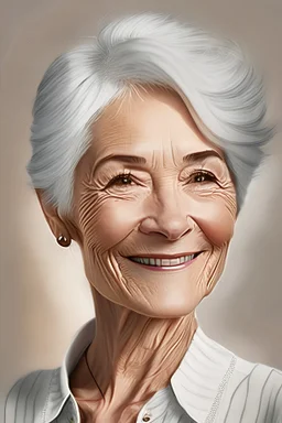 a beautiful European woman, in her 60s, short white hair, brown eyes, smiling, wearing a stripe balk and white shirt, digital drawing, 4k