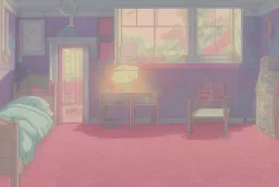 top down empty cozy bedroom in cyberpunk style with sailor moon colors