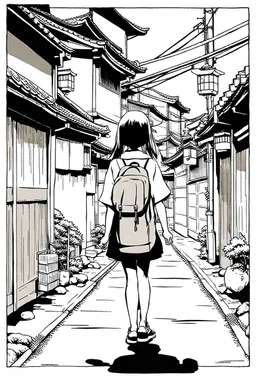 young girl walk thought Japanese alleys, line arts, manga style