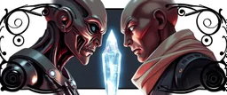 Close-up confrontation between an ancient alien outcast leader synth and a space broker, standing only a meter apart, intense eye contact, glowing crystalline rod between them, anger mixed with sadness, dramatic facial expressions, shallow depth of field, cinematic lighting, stylized 3D anime, airbrush painting, crisp outlines, escher , rembrandt and hr giger, black swirly border with sacred geometry, characters drawn in front of border