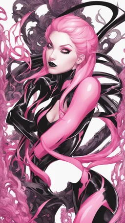 A close picture to Mix between gwenpool and symbiote, symbiote venom in background, pink and black custom, intricate details, highly detailedin in solo leveling shadow art style