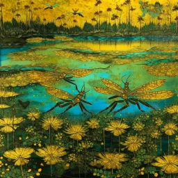 Gold wetlands with glowing and sparkling dragonflies designed in Moroccan rug art painted by Cai Jia
