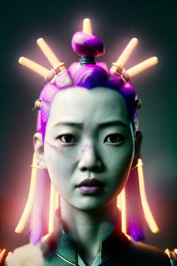 portrait, Asian cyborg woman, samurai warrior :: symmetry photography, cyberpunk style, pink hair, makeup, line eye, light iris, :: black samurai armor, japanese traditional pattern, pink, white, black :: cinematic, Ultra realistic, dark scene, soft color, highly detailed, unreal engine 5, RTX, ultra detail, 3d, finely drawn, high definition.