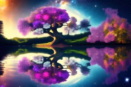 tree, water reflection, flowers, galaxy, cosmos, science fiction, epic scene.