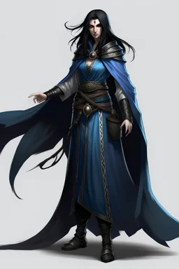 elf pirate sorcerer whole body blue cloak black hair