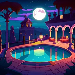 night sunset terrace of a villa with a pool in a vampire world cartoon