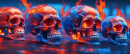 multiple glass human skulls, high temperature, glowing blue on the bottom, glowing red on the top, large blue red and orange flame coming from under and behind hovering in high in the sky, contrasting colors precisionism psychedelic art surrealism street art digital illustration wet wash 64 megapixels 8K resolution 8K resolution telephoto lens telephoto sharp focus Unreal Engine 5 VRay radiant retro futuristic galactic