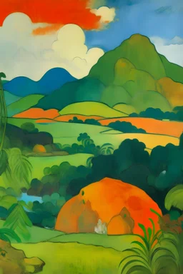 An orange rocky mountain painted by Paul Gauguin