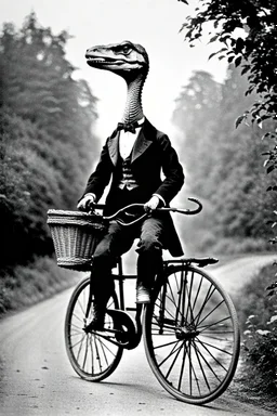 Velociraptor riding a bicycle in 1873. Photograph.