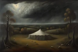 a foreboding dark surreal landscape of rolling hills with an abandoned circus tent hidden in a forest and dramatic storm clouds at night by artist "Leonora Carrington",by artist "Agostino Arrivabene",by artist "David Inshaw"