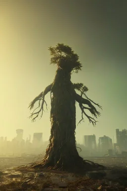 Cyberpunk theme, Oak tree roots holding man inside, misty sunny day, close-up portrait,