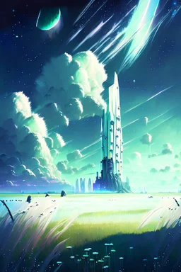 Grassy plains filled with bizarre white fantasy skyscrapers with a cosmic night sky background painterly rpg art