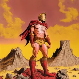 Un caballero en armadura dorada medieval en un estilo de comic de 1980 en un wasteland en montevideo con un volcan rojo de fondo