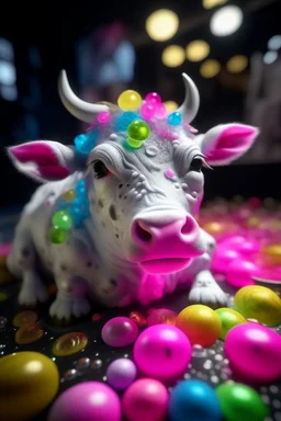 portrait of glitter haired cow on a yoga space ship made of ice cream, smiling with beautiful shiny, each inside a pile of transparent jelly bubbles of weird colors with insect aliens inside, disco egg made of small mirror, light rayz, feast table ,shot on Hasselblad h6d-400c, zeiss prime lens, bokeh like f/0.8, tilt-shift lens 8k, high detail, smooth render, down-light, unreal engine, prize winning