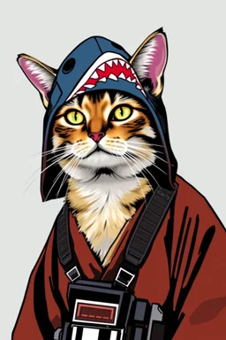 cat with shark mask hat solana starwars droid japanese style in the style of warhol