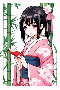 Cute Japanese girl, with pink eyes, dressed in her pink kimono and a black haori, black long hair with reddish tips, a piece of bamboo covering her mouth, drawing manga style, vibrant colors, in a manga book cover
