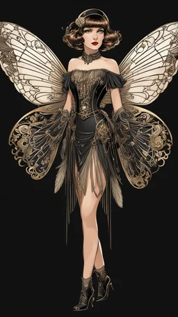 Full Body, Art Nouveau Woman With A Bob With A Fringe Hairstyle, 1920s Clothing, Steampunk Metal Moth wings, Black Background