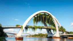 A stunning pedestrian bridge with large parabolic arches supporting the structure, gracefully rising above a river. The bridge incorporates floating gardens and hanging vines, which cascade from the arches, blending nature and mathematical precision. The elegant parabolic arcs create a sense of balance and harmony between the bridge and its natural surroundings. Award-winning photograph.