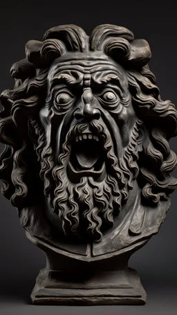 Ceramic style statue all colours are dark grey of an old church man from the 1200 BC , the head of dead man with thick curly hair and his eyes are open wide and open mouth with rage ,