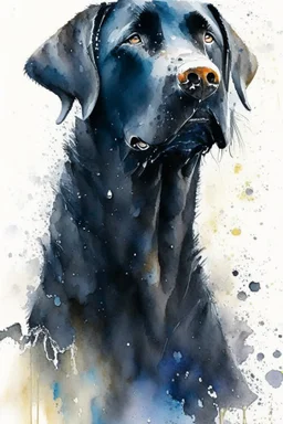 A portrait of black Labrador by Willem Haenraets, watercolor, wet on wet and splattering techniques, centered, perfect composition, abstraction, surrealism