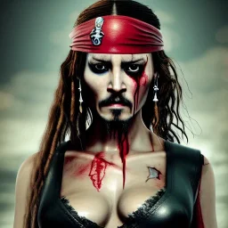 illustrator, hyper realistic, young spanish girl, short hair . green eye. lips red with blood. tatoos on neck. dressed in leather and metal bra. Tintoretto ships. jack sparrow, high details, thunderstorm. 4k, unreal engine