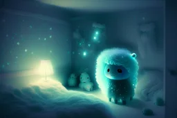 bioluminescent chibi alpaca fairy in a bedroom in starshine, mist
