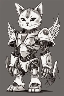 little cat robot black and white with warrior armour and wings of steel, cartoon model fashion