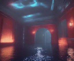 Water in an empty dark void with floating glowing light gates