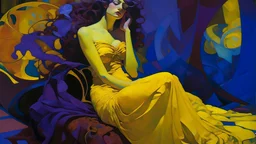 A surrealist painting, featuring a female figure draped and fragmented in a dynamic composition. The figure appears distressed, reclined and intertwined with organic forms and vibrant colors. Her pose conveys vulnerability and anguish. Her skin tone is light, and her hair is a deep purple. The figure's dress is in disarray, a mixture of vibrant yellows, reds, oranges, and purples, suggesting a theatrical or allegorical representation. The figure's body and clothing are rendered in Cubist-i