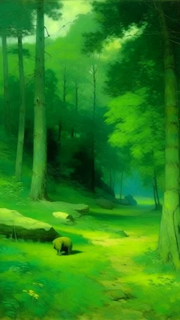 Lime green woods with a bear cave painted by George Inness