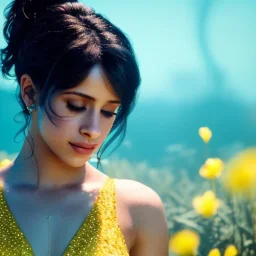 Camila Cabello as Jasmine underwater with yellow flowers for hair, closed eyes, rtx, reflection, 8k, glow, winning photography, caustics