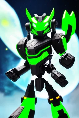 A new space creature from Ben 10 cartoon. Strong and graceful. Advanced metal. Magical power, precise detail and intense power Add "full body view" as a prefix. Use an aspect ratio (dimensions) that is mor vertical (3:4 vs 4:3), move the camera back ("extreme long range view"), move camera upward rather than being at hip height ("high angle view" or "eye-level view"). Describe her shoes or stance, as well as what you see over her head