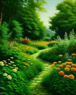 A green garden with flowers painted by Frank Wilson