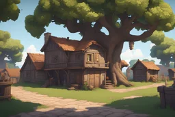 a single village house with two levels and a small warehouse in the back, under a big oak tree in the style of an old point and click adventure game