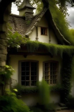 Medieval cottage with live trees as part of it through roof old fashioned window covers