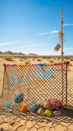 A net filled with children toys hanging in the desert abandoned play ground by old McDonald