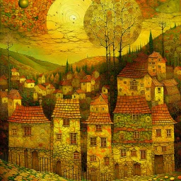 Nostalgia-evoking, breathtaking surreal masterpiece, channeling Sam Toft, Gustav Klimt, Andy Kehoe, Amanda Sage, features a quaint village scene bathed in setting sun's golden hues, painted textures conjuring yesteryears, fusion of folk art, sharp focus, studio photo, intricate details, artstation trending, highly detailed, Greg Rutkowski signature style, golden hour lighting, Modifiers: beautiful very cute visually breathtaking beautiful