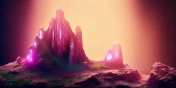 single pink crystal, on an altar in a foggy cave, cinematic,