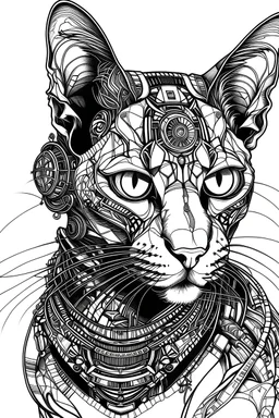 cyberpunk Sphynx cat, black and white, , high details, digital art style, thick outline art, isolated on white background