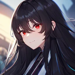 Clear focus,High resolution, black long fluffy hair, long fluffy bangs, red eyes, wearing a lab outfit, extreme close up, evil smile