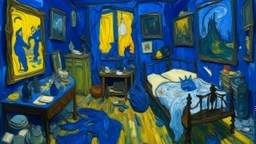 A dark blue chaotic realm with pixies painted by Vincent van Gogh