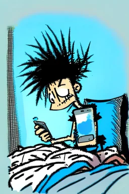 2d drawing of a stickman, laying in bed, cool with punk hair, just woke up, sitting up in bed, with cellphone in hand, excited, smiling ,3d realistic in colour