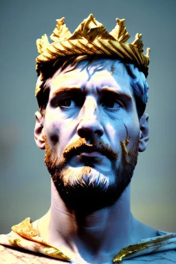 Realistic image, Roman sculpture made in white marble with gold veins, Lionel messi with gold laurel leaves crown, two blue brushes, decorative star on the chest, waist up portrait, marble material, gold ornaments, Baroque style, sun rays background, epic, celestial, cinematic lighting, God lights, 4k resolution, smooth details, soft lighting, unreal engine 5, art station, substance 3d.