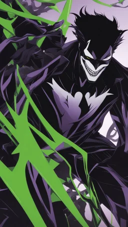 A very close picture to Mix between the joker and venom symbiote in solo leveling shadow art style with neon green details