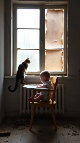 A baby sitting on baby’s eating chair in front of a big window in an abandoned damaged room , a cat out side the widow looking at him