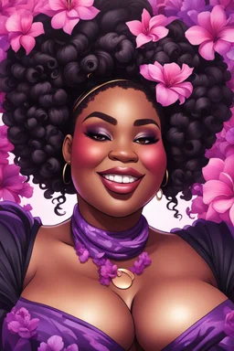 Create a abstract cartoon art style image of a plus size black female looking down with a smile on her face. Prominent makeup with hazel eyes. Highly detailed messy curly bun with a hair scarf tied on her head with large purple azalea flowers surrounding her. 2k